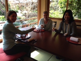 Tomoko, Marlene, and me enjoying a glass of umeshu, plum wine in our private tatami room.